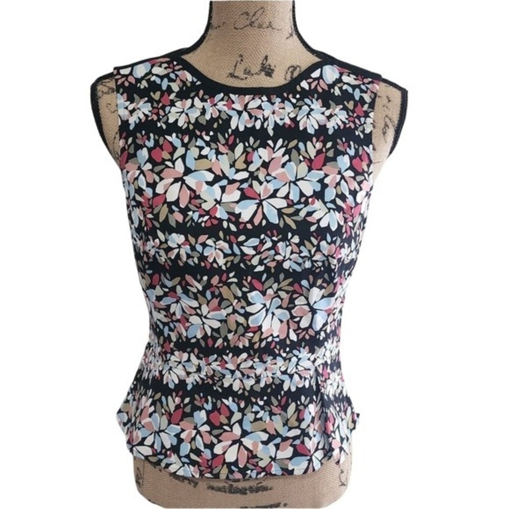 Anne Klein Womens Floral Petal Peplum Top Black Multi Sleeveless Blouse Size 4